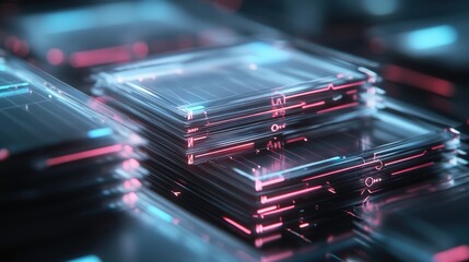 Poster - Futuristic Digital Interface with Layered Transparent Panels and Neon Lights, Showcasing Modern Technology and Data Visualization Concepts in a High-Tech Environment