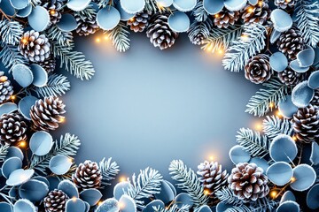 Poster - Frosted pinecones and fir branches with glowing lights on icy blue background.
