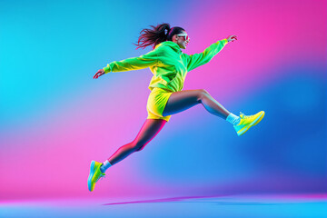 Poster - Dynamic athlete in vibrant outfit leaping against vivid gradient background.