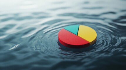 Poster - Colorful pie chart floating on water, symbolizing business analysis, data visualization, market research, and financial success in a serene environment