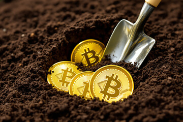 Poster - Golden bitcoins buried in soil with a shiny metal shovel nearby, symbolizing cryptocurrency mining and digital wealth concept.