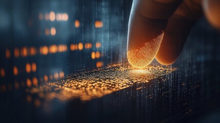Fototapete - Close-Up View of a Finger Illuminated by Orange Light, Scanning a Digital Fingerprint Against a Dark Background in a Futuristic Technology Setting