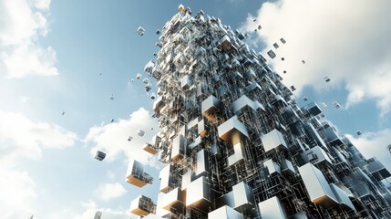 Poster - Abstract Tower of Floating Metallic Cubes in a Bright Sky with Fluffy Clouds, Symbolizing Technology, Innovation, and Futuristic Design in a Digital World
