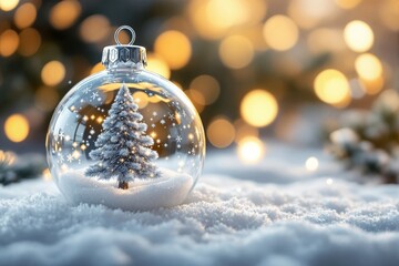 Poster - Festive Christmas ornament with snow and tree, glowing bokeh lights in background.