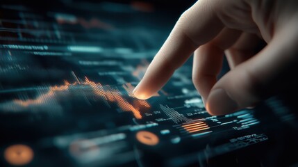 Poster - Close-Up View of a Human Finger Interacting with a Digital Interface Displaying Financial Charts and Graphs in a High-Tech Environment
