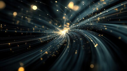 Fototapete - Abstract light trails in a dynamic pattern showcasing luminous particles and soft glowing orbs, creating an impression of movement and depth in a dark space.