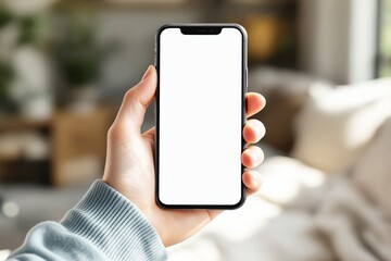 Poster - Closeup of a hand holding a smartphone with a blank white screen.