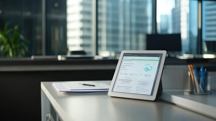 Poster - A bright office desk with a tablet showcasing a predictive analytics interface under natural light.