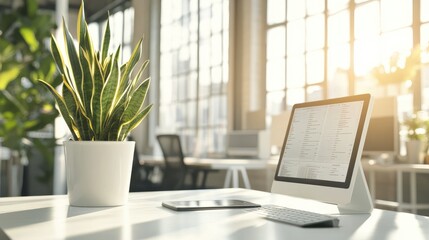 Poster - A bright office desk with a tablet showcasing a predictive analytics interface under natural light.