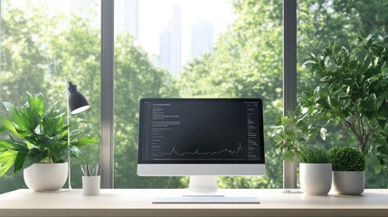 Poster - A bright office desk with a tablet showcasing a predictive analytics interface under natural light.