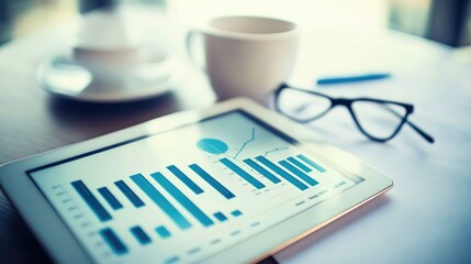 Poster - A clean, minimalist workspace featuring a tablet with bar charts and heatmaps on a bright desk.