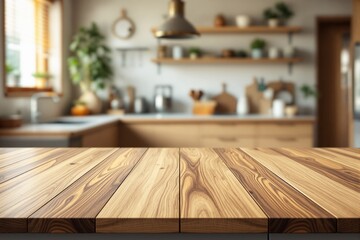Aufkleber - Wooden table surface in focus with blurred modern kitchen background.