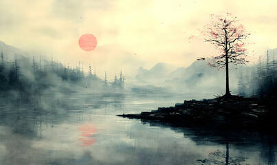 Sticker - Misty lake sunset, solitary tree, mountain backdrop, serene art print