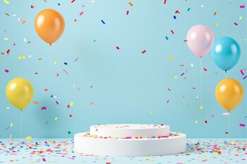 Poster - Celebration-themed backdrop with balloons, confetti, and a white podium on a pastel blue background.