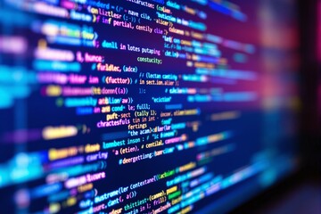 Poster - Close-up of colorful programming code on a screen in a blurred background.
