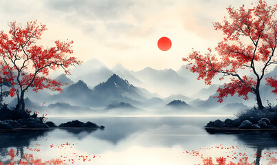 Sticker - Red trees, misty lake, mountain sunrise, serenity