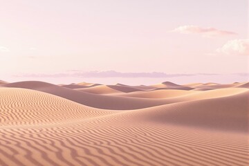 Poster - Serene desert landscape with soft sand dunes under pastel sky at sunset.