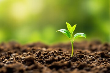 Poster - Sprouting Plant in Fresh Soil on a Blurred Green Background.