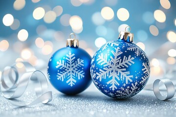 Poster - Blue Christmas ornaments with snowflake designs, silver ribbon, and bokeh lights in the background.