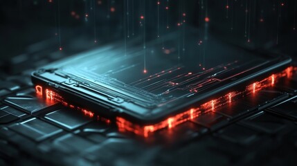 Poster - Futuristic Smartphone Design with Neon Elements and Data Streams, Showcasing Technology Concepts and Modern Digital Aesthetics in a Sci-Fi Style