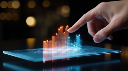 Poster - Holographic Data Visualization with Finger Touching Graph, Abstract Digital Technology Concept in Modern Business Environment with Colorful Statistical Analysis