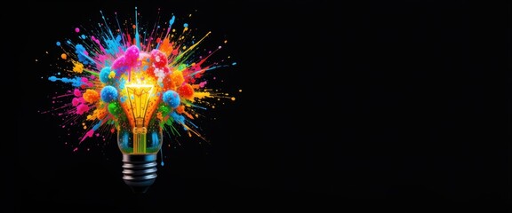 Poster - Colorful burst of creativity with vibrant light bulb on black background