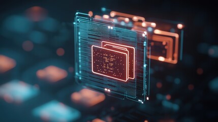 Aufkleber - Futuristic digital networking visualization showcasing interconnected data files in a glowing holographic interface representing modern technology trends and digital evolution