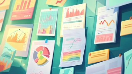 Poster - A flat-lay featuring financial reports, colorful graphs, and sticky notes with handwritten data insights.