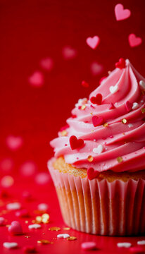 Delicate Valentine's Day Cupcake on a Red Background