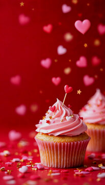 Delicate Valentine's Day Cupcake on a Red Background