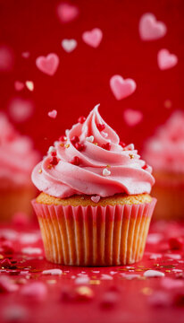 Delicate Valentine's Day Cupcake on a Red Background