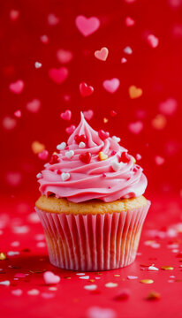 Delicate Valentine's Day Cupcake on a Red Background