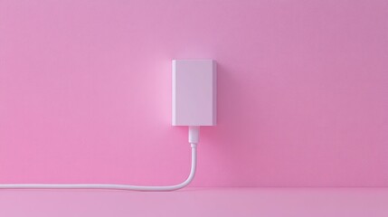 Poster - A minimalist view of a white cable plugged into a charging brick on a pink surface.