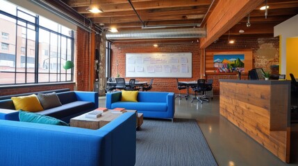 Poster - A modern office with a large display board showcasing an annual business plan draft.