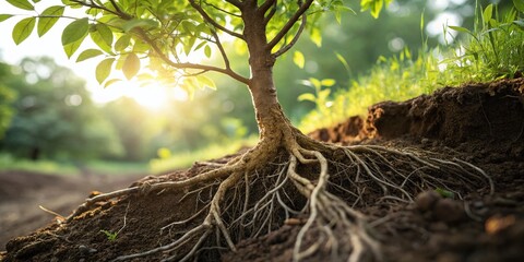 Canvas Print - Macro Photography: Emerging Tree Roots Breaking Through Soil