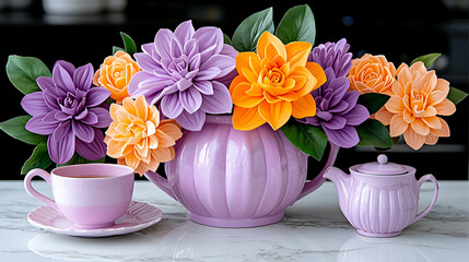 Sticker - A charming purple teapot adorned with vibrant flowers, accompanied by a matching cup and saucer, set against a sleek surface.