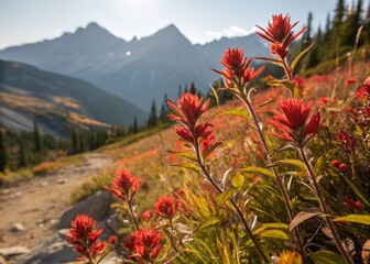 Wall Mural - Macro Photography: Red Glade Mountain Flowers, Vivid Autumnal Colors