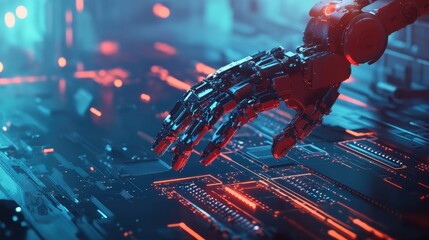 Poster - A robotic arm placing tiny components on a microchip with precision.
