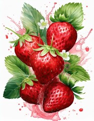 Wall Mural - Falling juicy ripe strawberries with green leaves on a white background. Watercolor illustration for advertising juices, desserts, pastries.