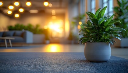Aufkleber - Modern interior space featuring a vibrant potted plant in the foreground, softly illuminated by warm sunset light filtering through large windows, creating a serene atmosphere.