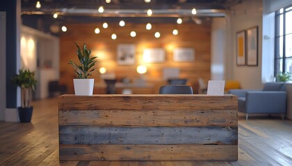 Poster - Modern Reception Desk in Contemporary Office Environment with Warm Lighting and Stylish Decor