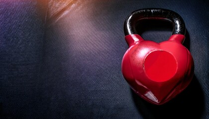 a heart shaped kettlebell on gym background for valentine s day birthday anniversary wedding healthy fitness flat lay composition gym workout concept copy space