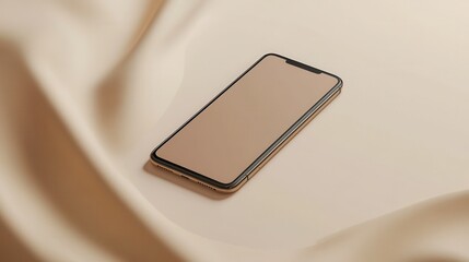 Blank mockup template of a smartphone on a smooth beige surface, with minimal lighting and clean textures.