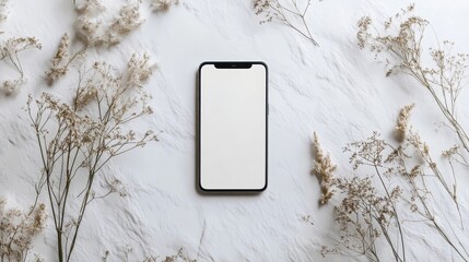 Wall Mural - Blank mockup template of a sleek smartphone on a smooth white background, surrounded by soft shadows and simple textures.