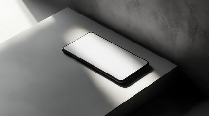 Wall Mural - Blank mockup template of a modern smartphone placed on a plain gray surface, surrounded by soft lighting and minimalist design.