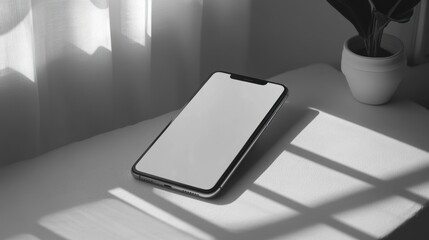 Wall Mural - Blank mockup template of a smartphone on a neutral white surface, surrounded by soft lighting and clean textures.
