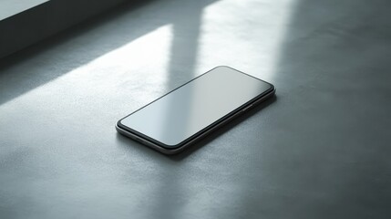 Wall Mural - Blank mockup template of a sleek smartphone on a plain gray surface, surrounded by soft lighting and simple design.