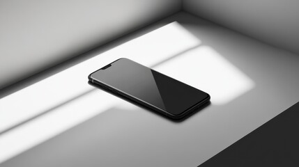 Wall Mural - Blank mockup template of a sleek smartphone on a plain gray surface, surrounded by soft lighting and simple design.