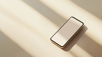 Wall Mural - Blank mockup template of a sleek smartphone resting on a pale beige surface, surrounded by subtle lighting and minimal design.