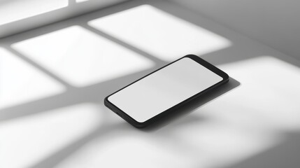 Wall Mural - Blank mockup template of a slim smartphone on a plain white surface, surrounded by minimalist lighting and shadows.